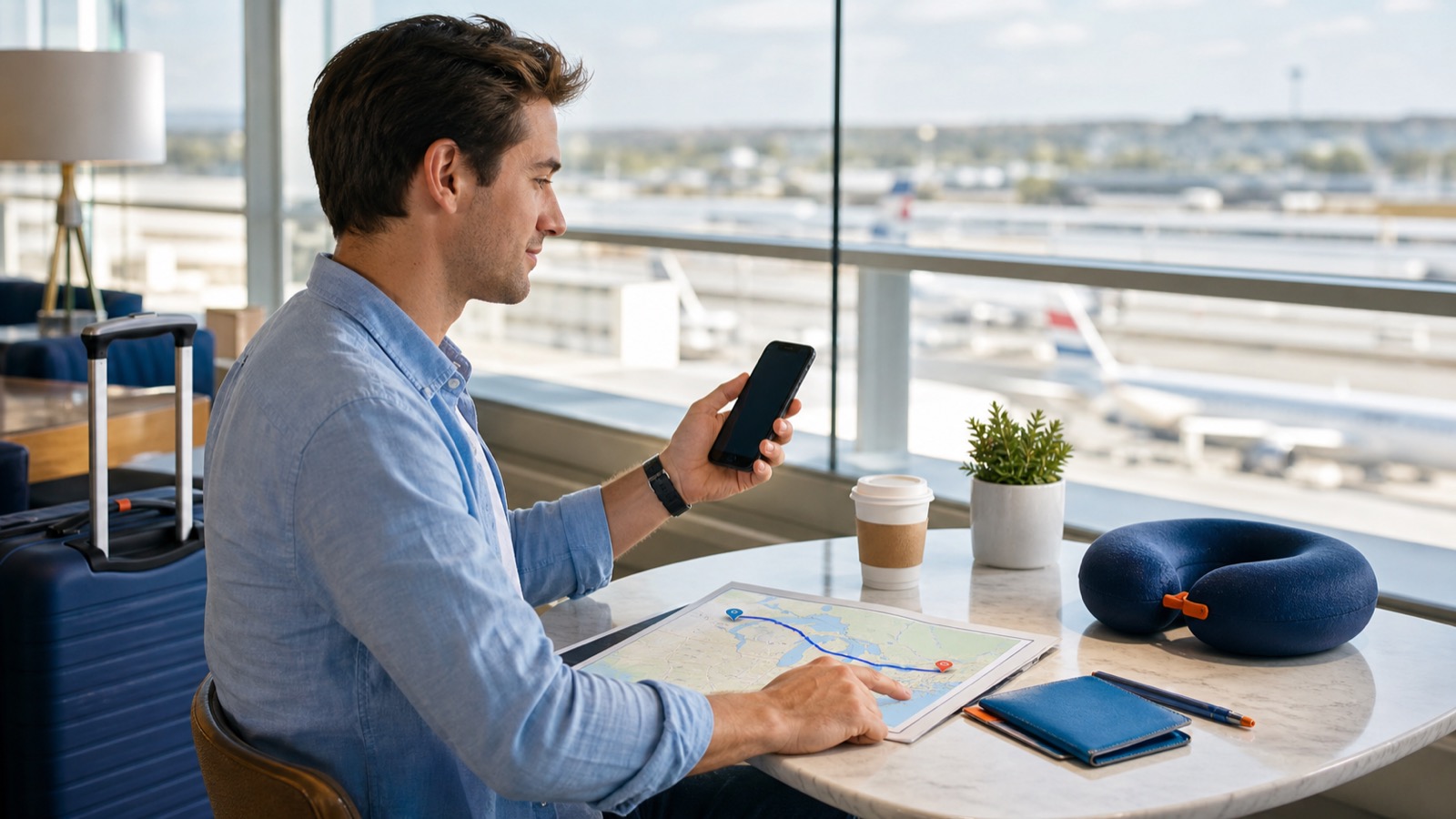 Traveler planning a USA and Canada trip with a phone and route map