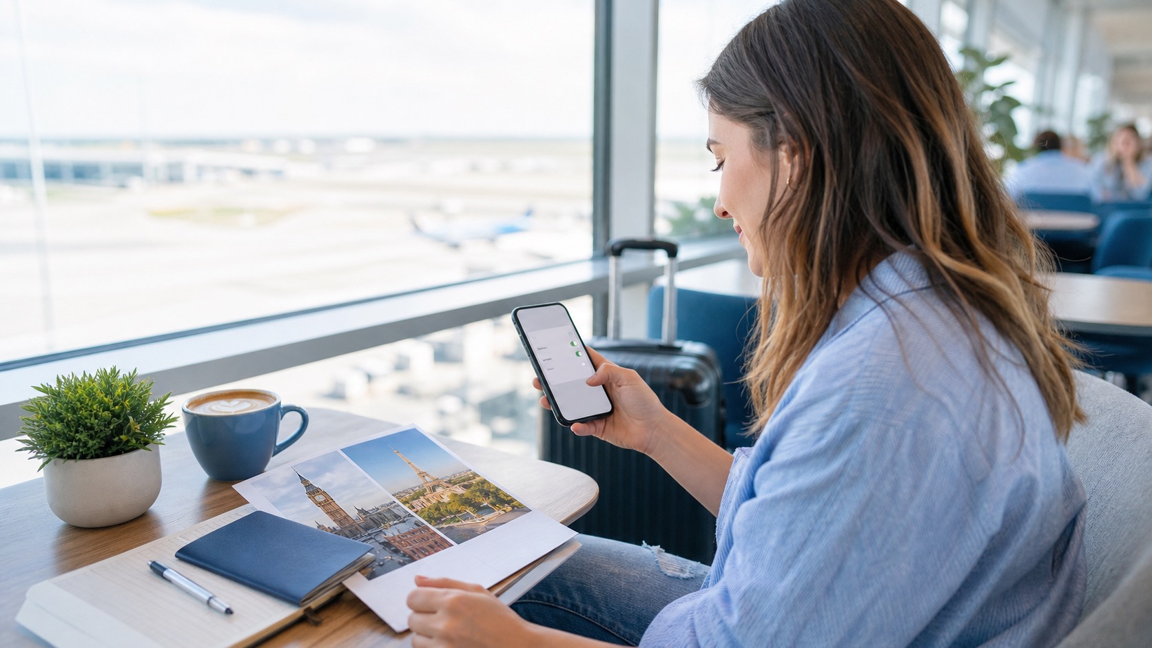 Traveler comparing UK and Europe eSIM options before a multi-country trip