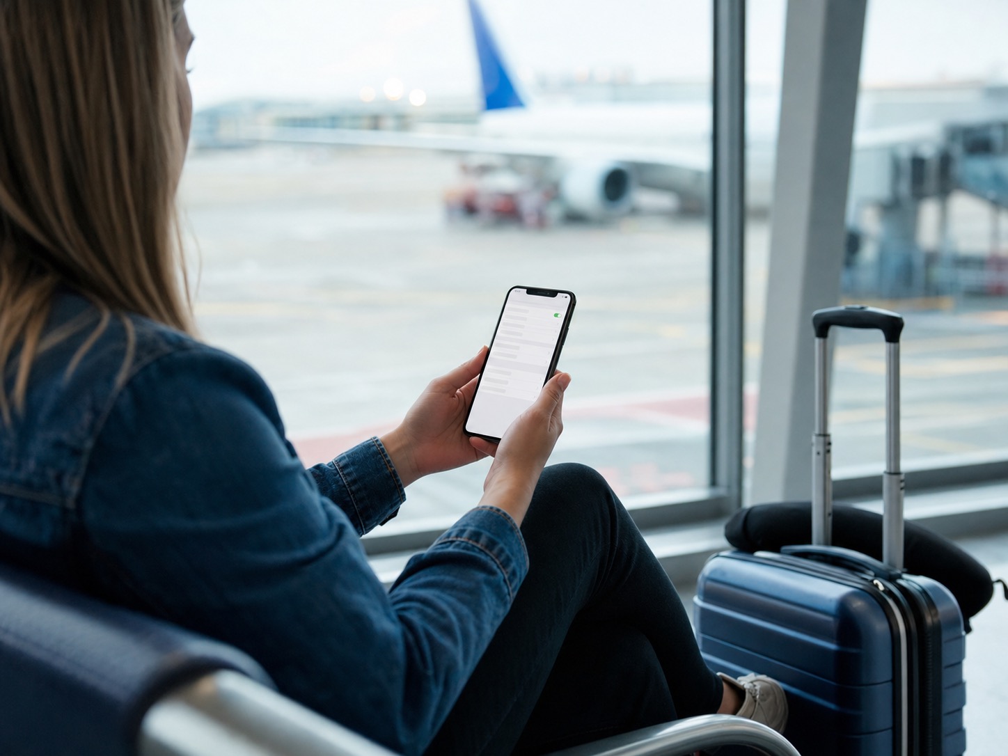 Traveler preparing an eSIM on a phone before flying to the UK and Europe