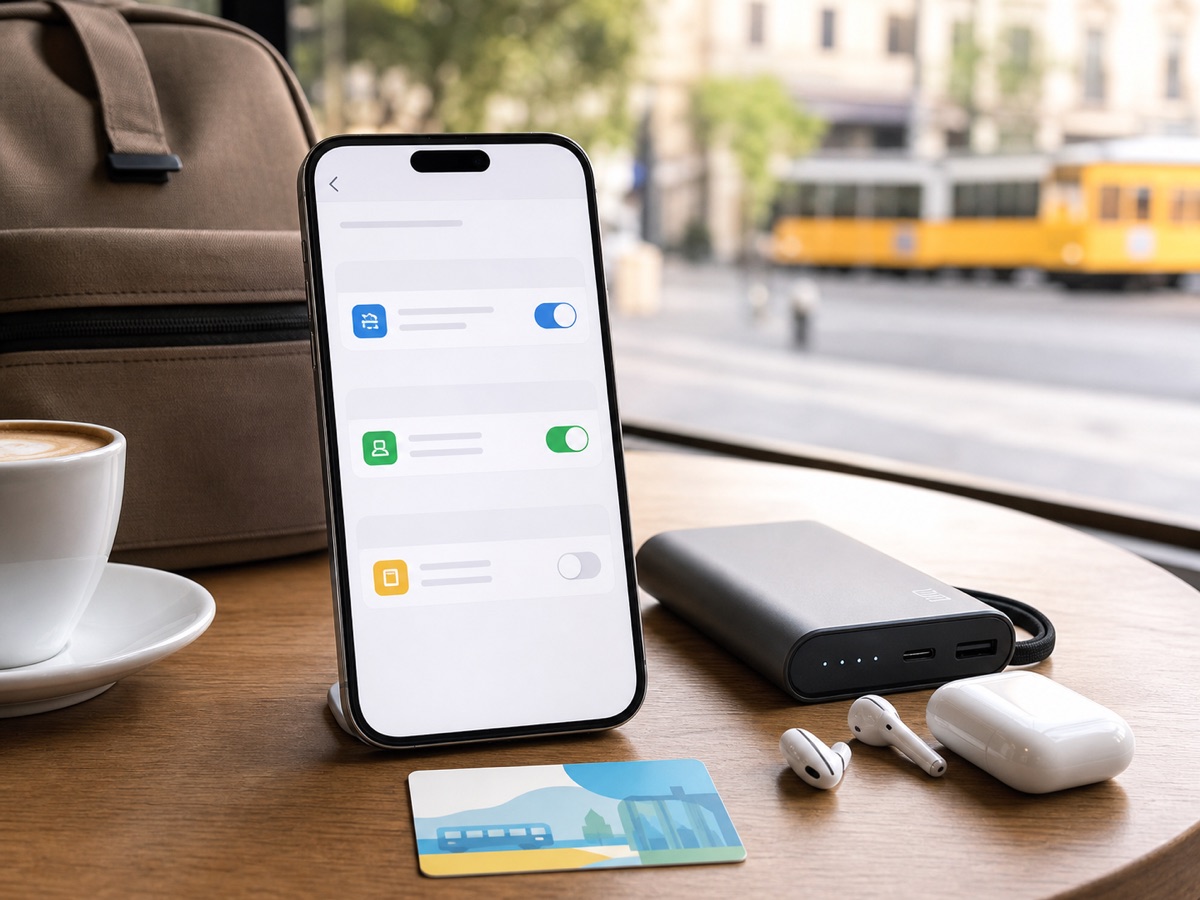 Phone showing separate travel eSIM data and home number settings for an international trip