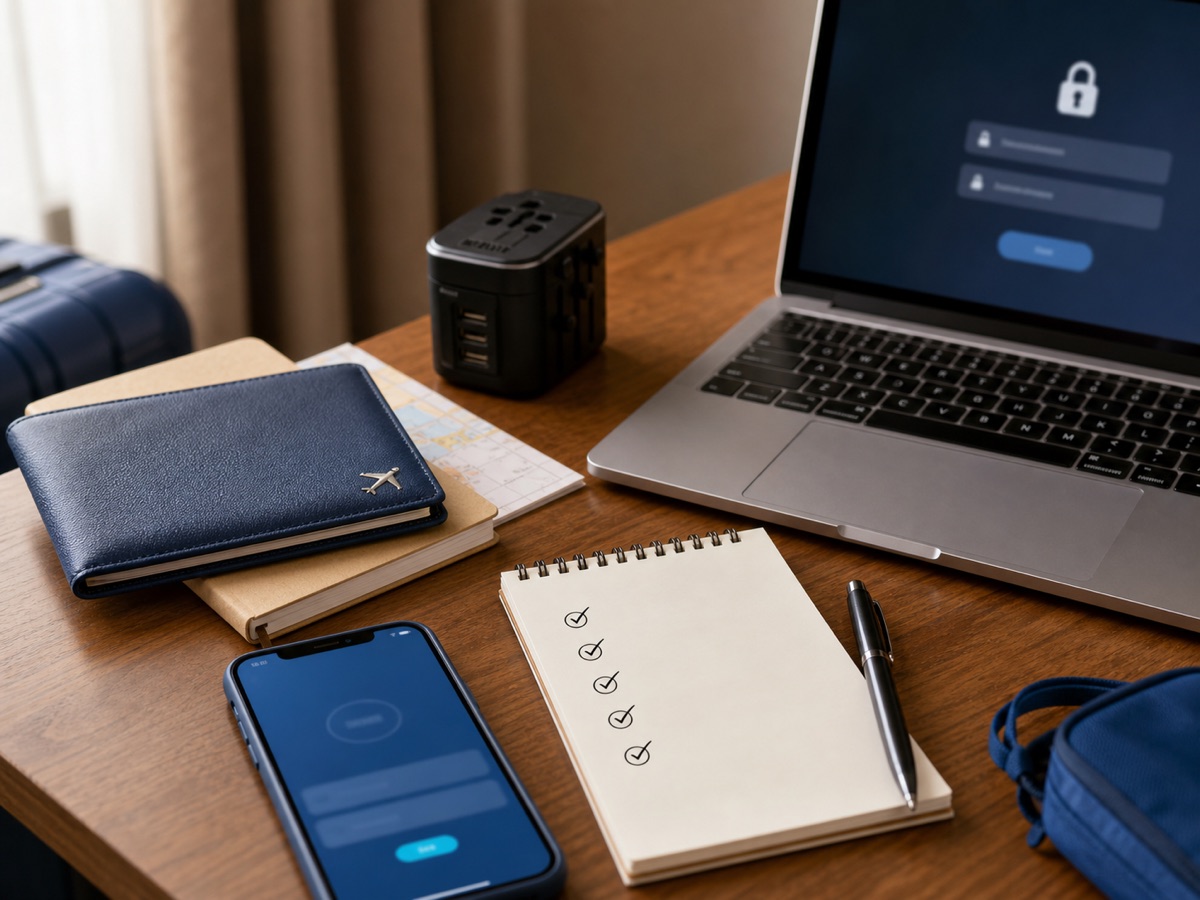 Traveler preparing bank verification backup methods before using a travel eSIM