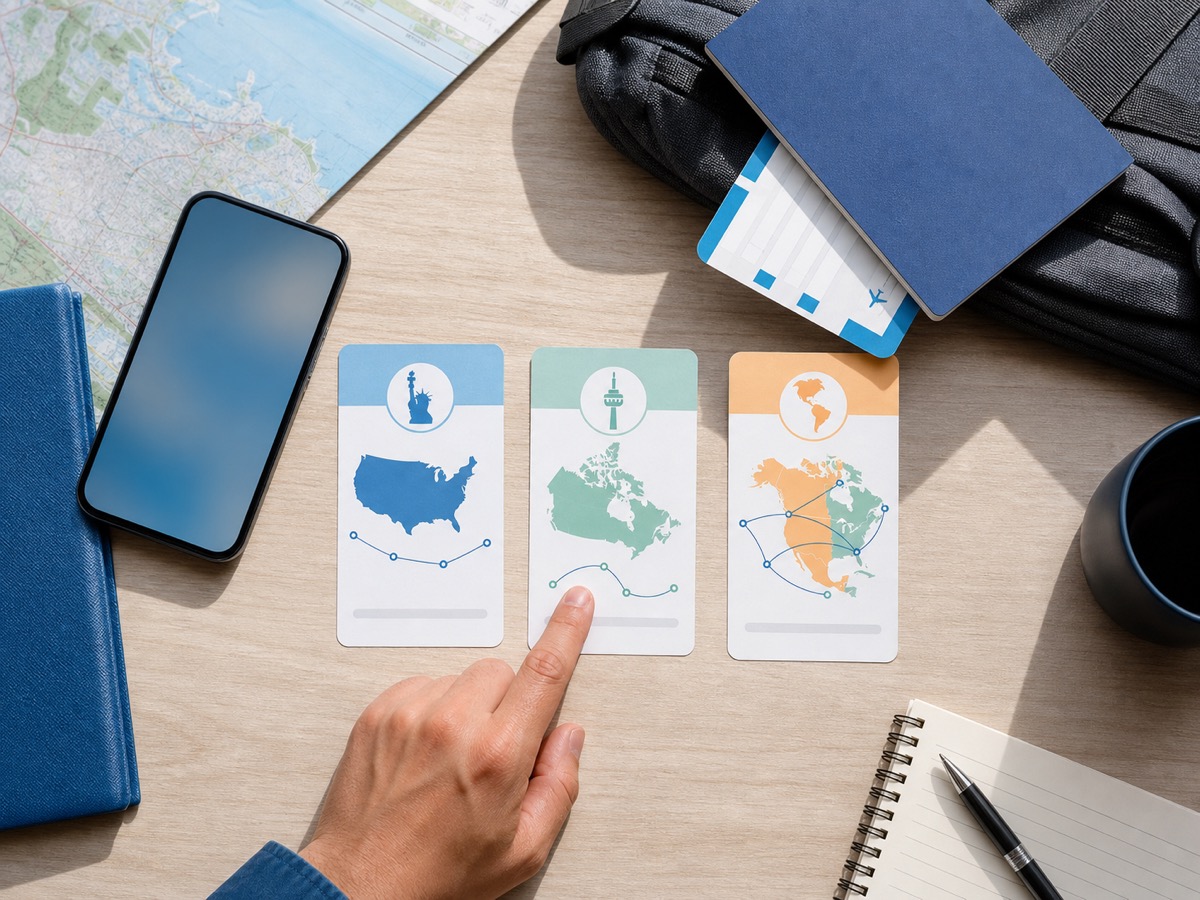 Traveler comparing USA-only, Canada-only, and North America eSIM options