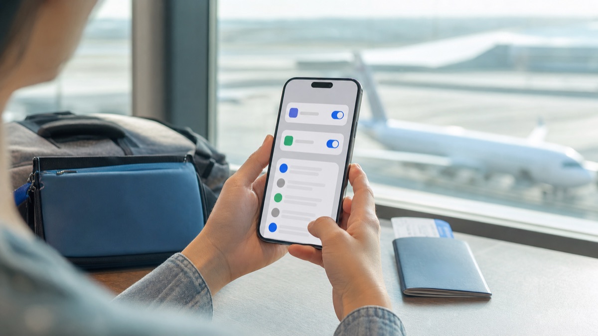 Traveler checking WhatsApp and dual SIM settings before using a travel eSIM abroad